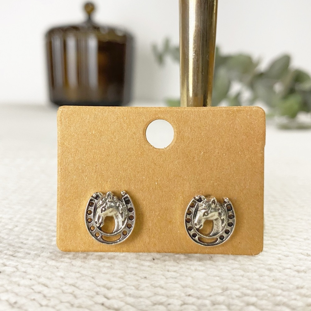 NEW Western Horseshoe and Horse stud Earrings Antique Silver color Boutique
